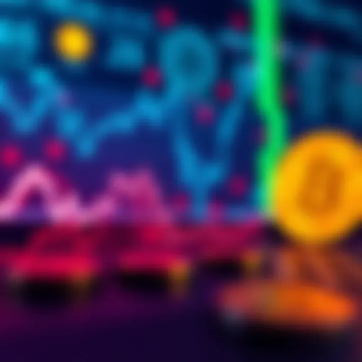 A chart showing a downward trend in Bitcoin's price with a background of digital currency symbols.