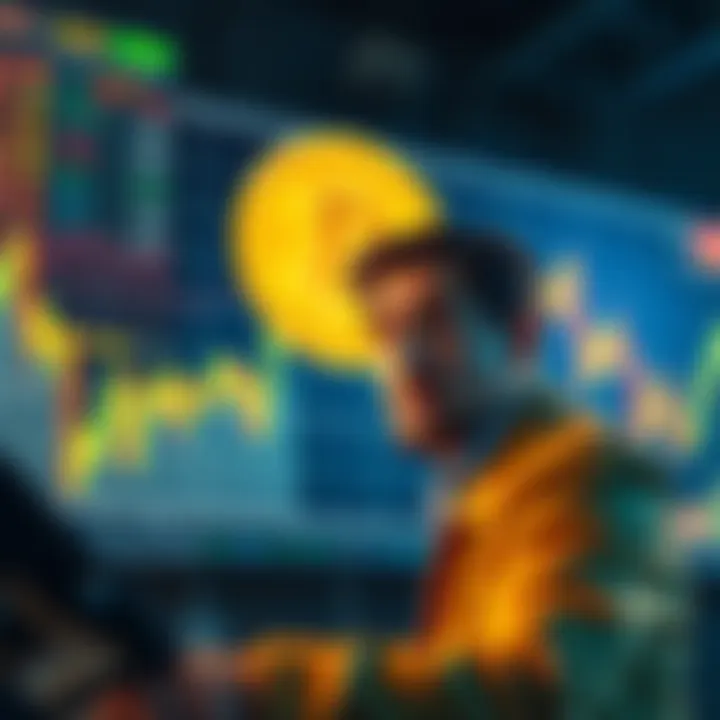 A visual representation of Bitcoin's price chart showing a dip, with a worried investor looking at the screen
