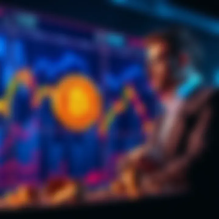 A graph showing a significant drop in Bitcoin prices, illustrating market volatility. An investor looking thoughtfully at the graph with coins nearby, showing the importance of strategy during downtur...