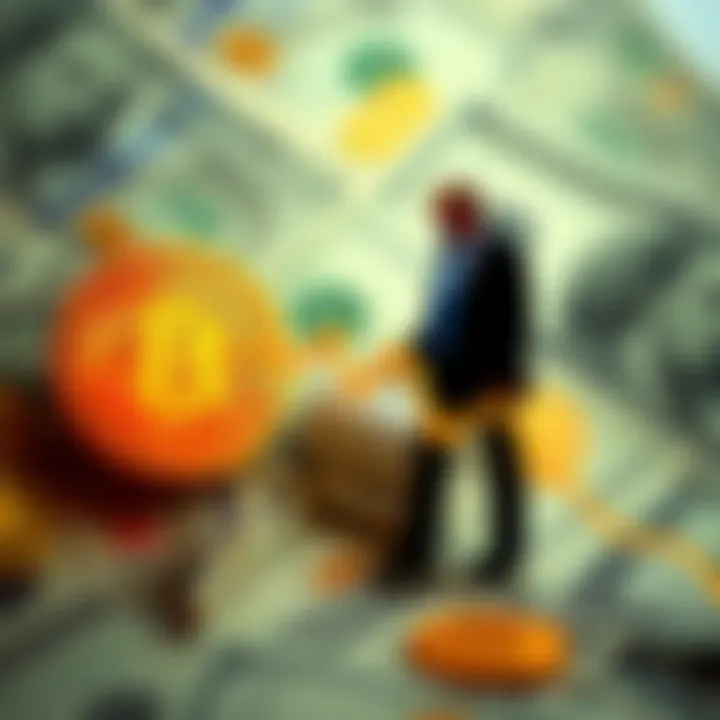 Bitcoin price drop A downward trend graphic showing Bitcoin prices falling with a background of dollar bills and a political figure silhouette