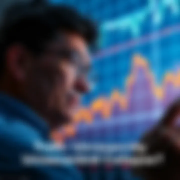 Graph showing Bitcoin's steep decline with a downward trend line and a worried investor looking at the screen.