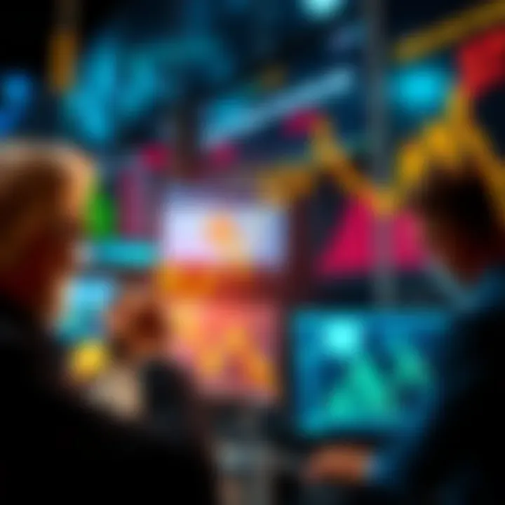 A graph showing a downward trend in Bitcoin prices with a background of worried traders looking at screens