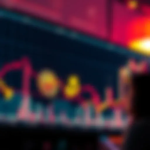 A chart showing the decline in Bitcoin prices with arrows pointing down, symbolizing a market dip, alongside a person contemplating their investment strategy.