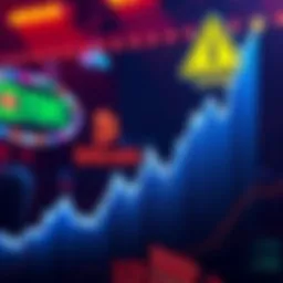 A downward trend graph showing Bitcoin prices falling below 72K with a caution symbol in the background.