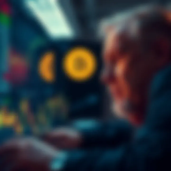 A downward trend line illustrating falling Bitcoin prices with a worried investor looking at a screen showing market data.