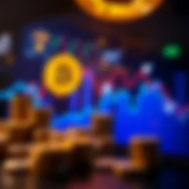 Bitcoin Price Drop A line graph showing a decline in Bitcoin prices, with arrows indicating buying opportunities, and stacks of coins representing investments