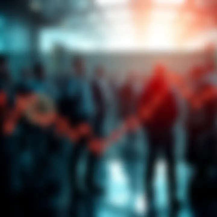 Graph showing a sharp decline in Bitcoin value with a hint of optimism from people in the background