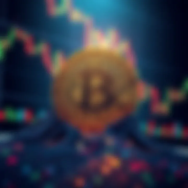 Graphic showing Bitcoin logo declining with stock market charts rising in the background, reflecting market trends.