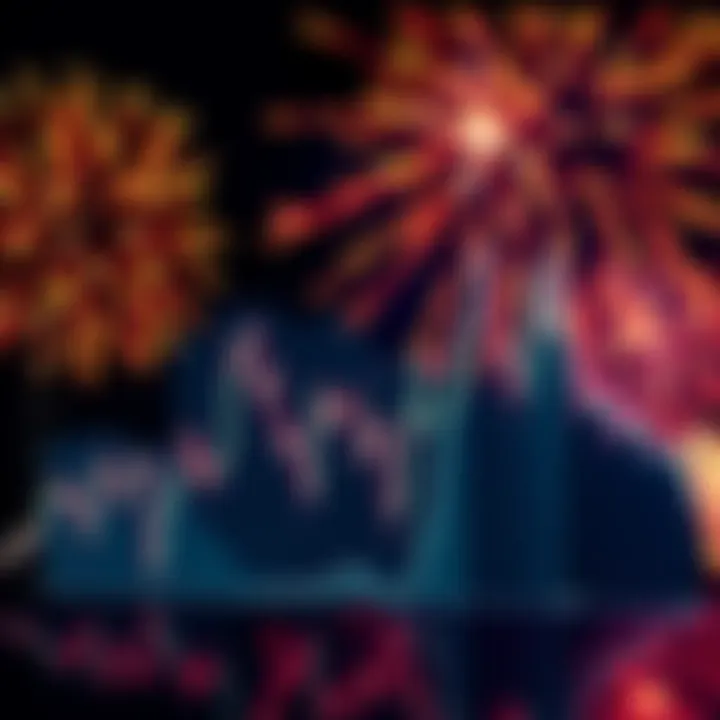 Bitcoin Price Drop A downward trend graph showing Bitcoin prices with fireworks in the background