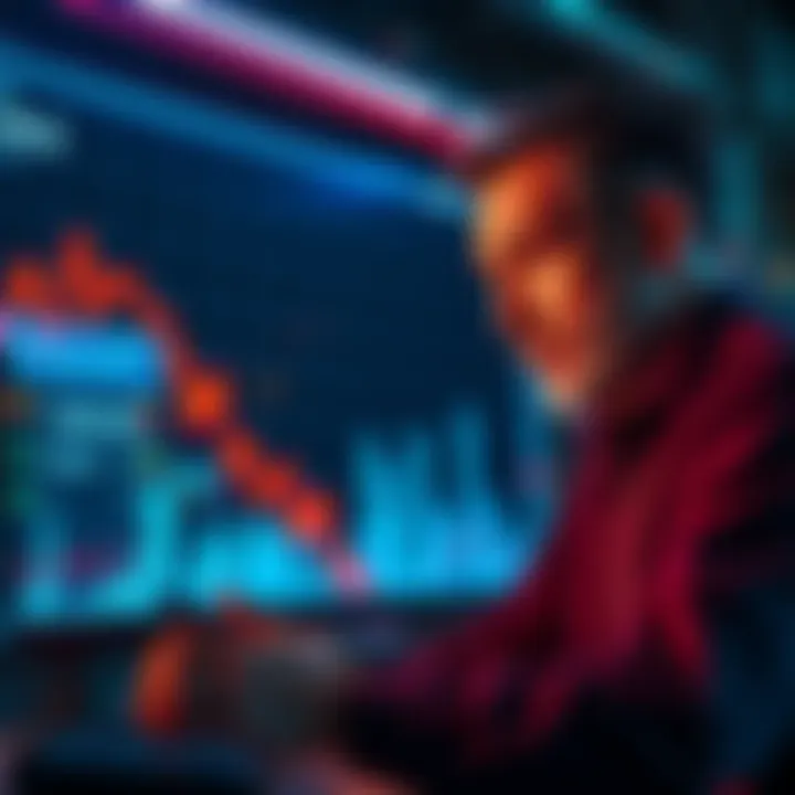 A graph showing a downward trend in Bitcoin prices with a concerned investor looking at a computer screen.