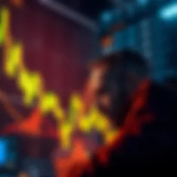 A Bitcoin price chart showing a downward trend with a worried investor looking at it