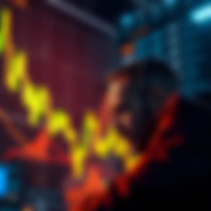 A Bitcoin price chart showing a downward trend with a worried investor looking at it