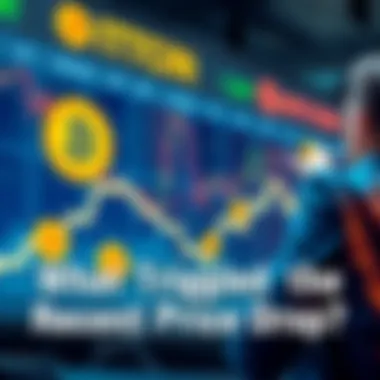 A graphic showing a downward trend line with Bitcoin symbols and a worried investor looking at a screen.