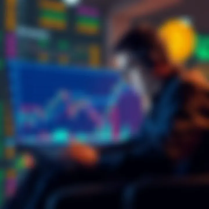 A graph showing a downward trend in Bitcoin prices with a worried investor looking at a laptop screen