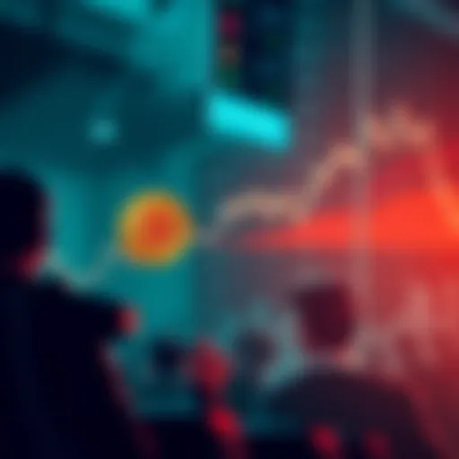 A graphic showing Bitcoin's price dropping with a line graph and worried investors