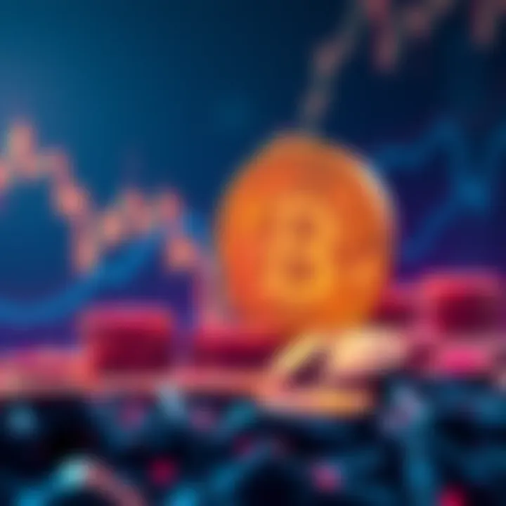 A graphic showing a downward trend in Bitcoin prices with a dollar sign and coins around a chart.