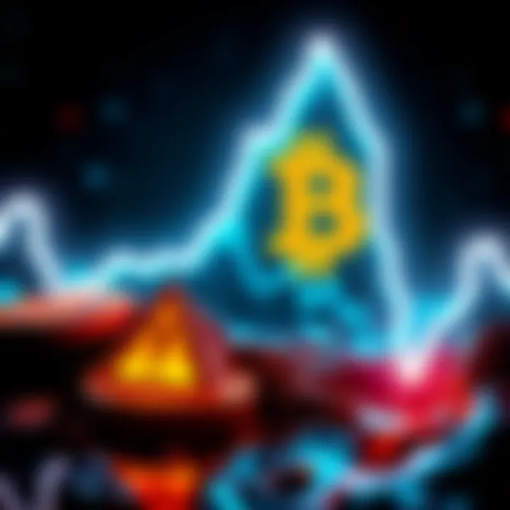 A graphic showing a downward trend in Bitcoin price with a warning sign