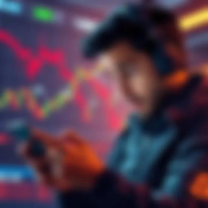 A person looking worried while checking Bitcoin prices on a phone. Charts showing a downward trend can be seen in the background.