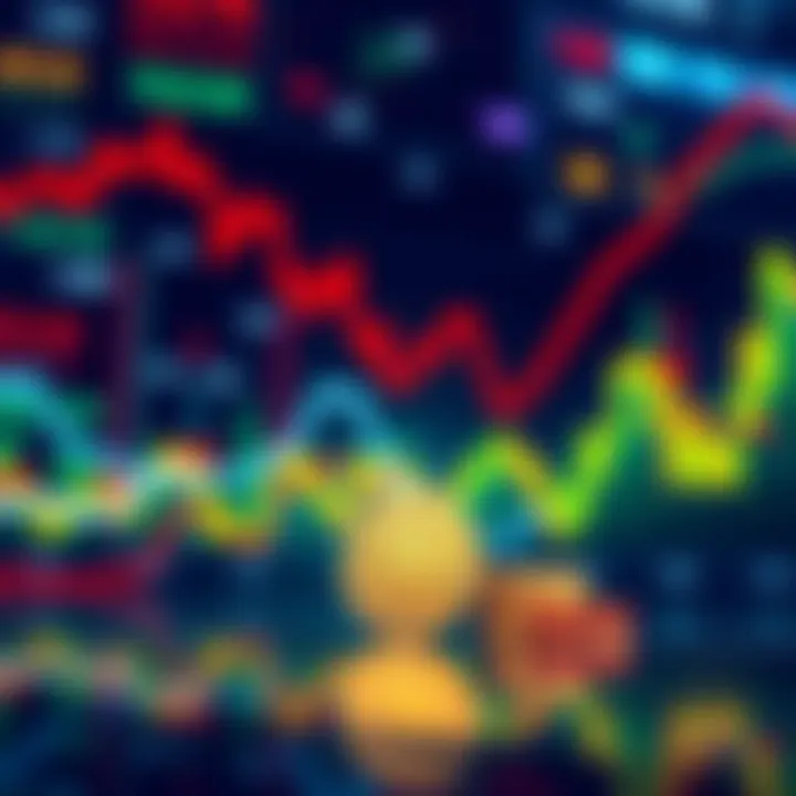Graphic showing Bitcoin price decline with a background of stock market growth indicators