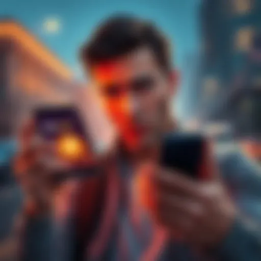 A person looking worried while checking Bitcoin prices on a smartphone, symbolizing Michael Saylor's investment challenges