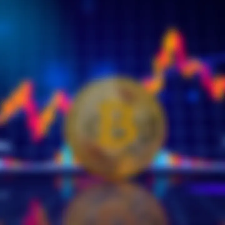 A Bitcoin coin in front of a fluctuating price graph showing ups and downs, symbolizing market volatility.