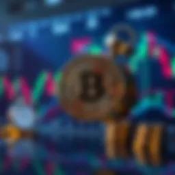 A graph showing Bitcoin price drops at 10:00 AM EST, with a clock indicating the time. The background suggests a trading environment with digital currency elements.