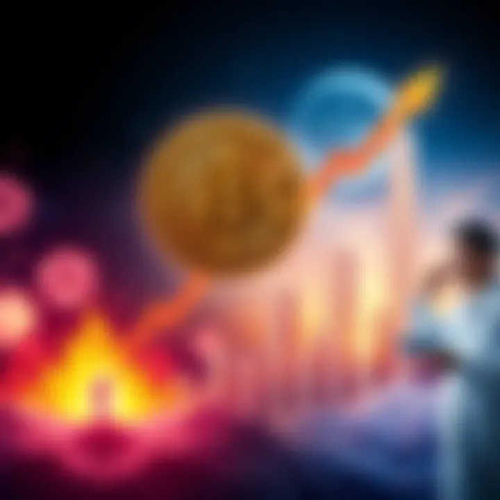 A visual representation of Bitcoin price reaching $350k by 2028, with a graph showing upward trends and a scientist analyzing data. The background includes cryptocurrency symbols and a futuristic skyl...