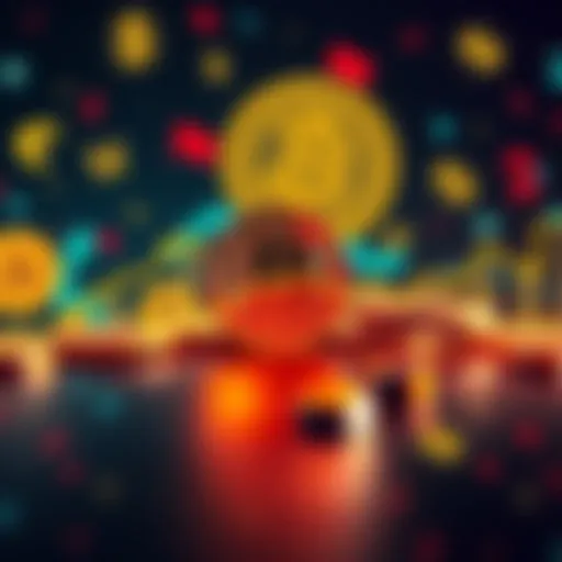 A line graph showing Bitcoin's potential price trends over the next 20 years with upward and downward movements, and currency symbols in the background.