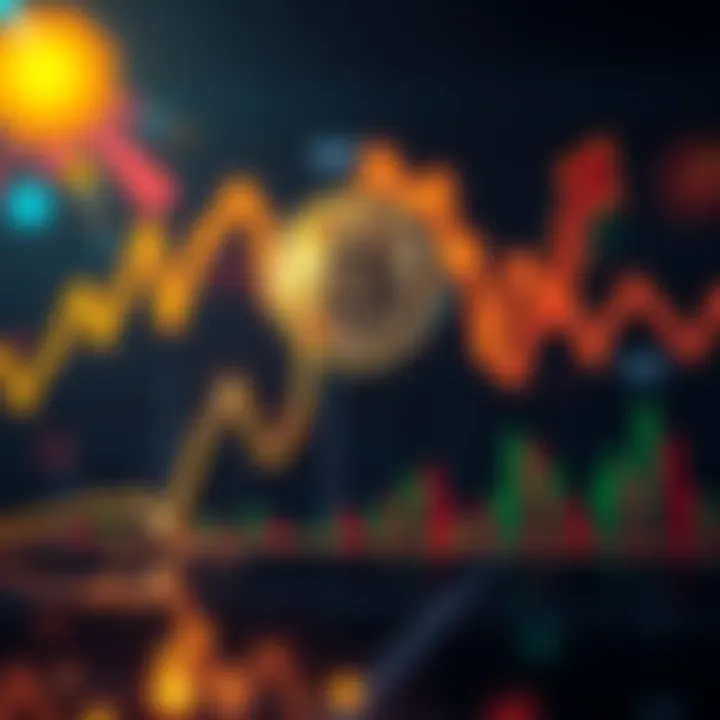 Graph showing fluctuating Bitcoin prices with arrows indicating potential rise and fall