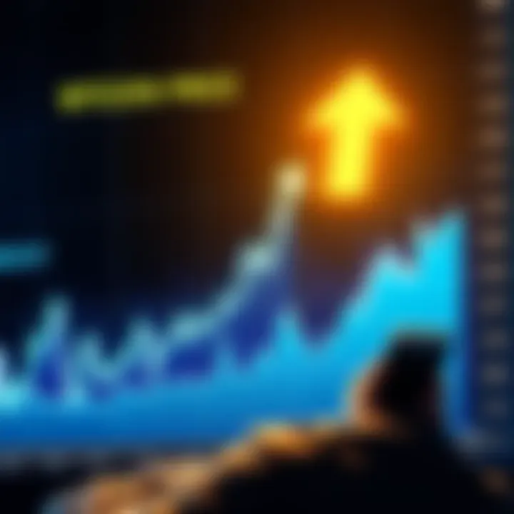 Graph showing Bitcoin price trends with an upward arrow and a worried investor looking at their phone.