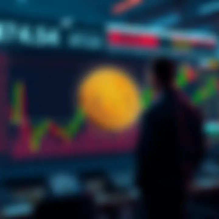 A graphic showing Bitcoin price trend near a resistance line with fluctuating values and traders observing the movement.