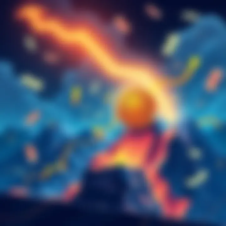 An illustration showing Bitcoin soaring to new highs, with symbols of profit like dollar bills and upward arrows