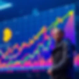 A colorful graph showing Bitcoin's price increasing towards $500K by 2030, with a confident investor looking on.