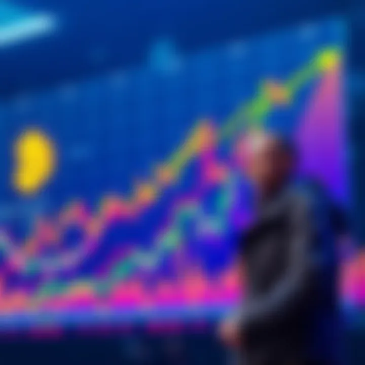 A colorful graph showing Bitcoin's price increasing towards $500K by 2030, with a confident investor looking on.