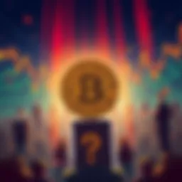 Illustration showing a stable Bitcoin symbol with fluctuating price lines and confused people in the background