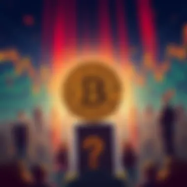 Illustration showing a stable Bitcoin symbol with fluctuating price lines and confused people in the background