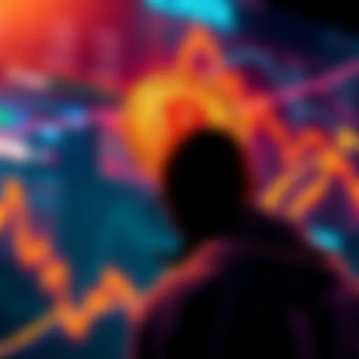 A graph showing Bitcoin prices rising with a person contemplating investment decisions, looking at the market
