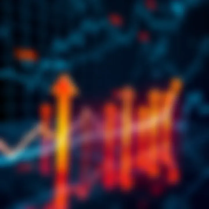 A graph showing Bitcoin price spikes with upward arrows, indicating price surges over time.