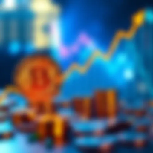 Bitcoin symbol with an upward graph and coins representing a price increase