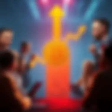 A graphic showing a Bitcoin symbol with an upward arrow representing a price increase, surrounded by excited investors talking about predictions.