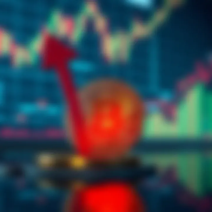 A graphic showing Bitcoin coin with an upward arrow, symbolizing potential price increase, against a background of financial charts.