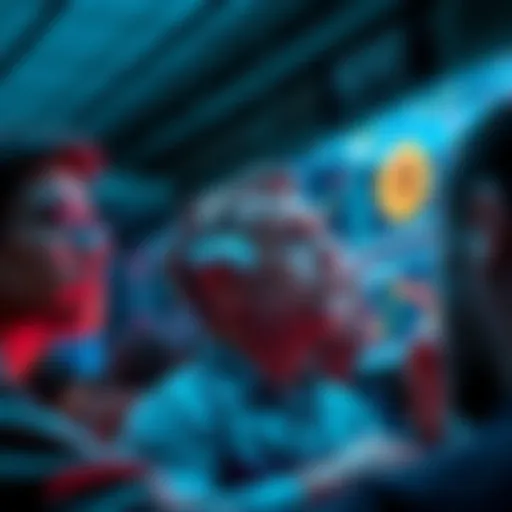 A group of people closely monitoring Bitcoin price charts on screens, showing expressions of anticipation and concern.