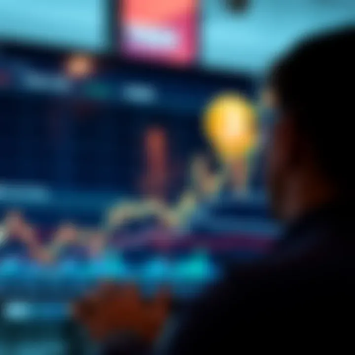 Graph showing the upward trend of Bitcoin prices with a person looking at it on a screen