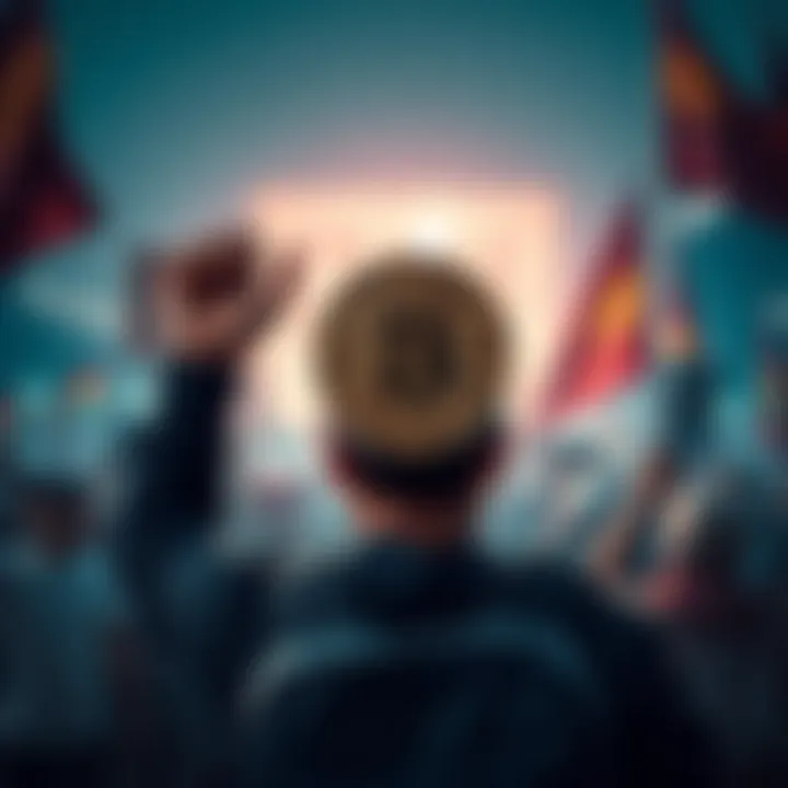 Individual showing a Bitcoin symbol while standing amidst a protest, representing financial independence against government control