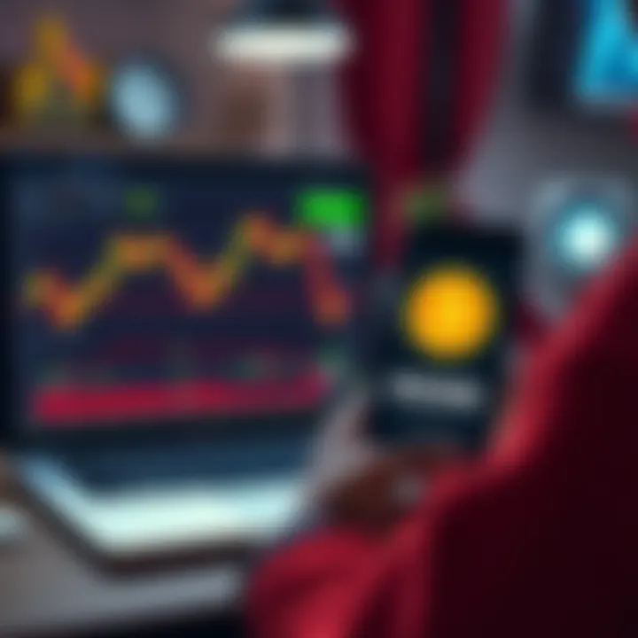 Person excitedly looking at a Bitcoin chart on a laptop while holding a smartphone showing their $200 investment.