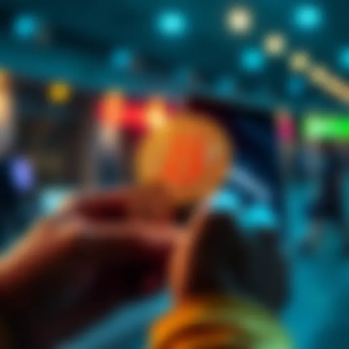 A person holding an Azteco voucher while looking at a Bitcoin symbol on a smartphone screen, indicating a transaction process.