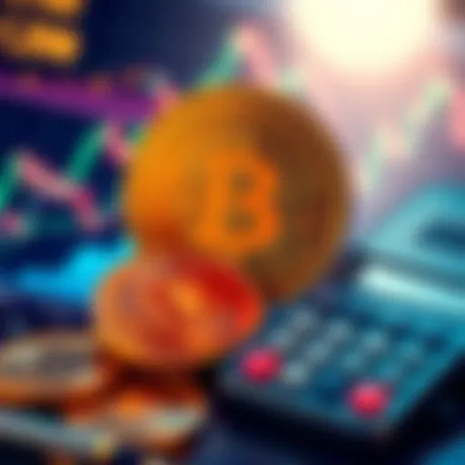 A digital representation of Bitcoin coins with graphs showing price trends and a calculator symbolizing financial analysis.