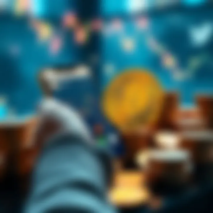 A person looking at their phone with Bitcoin charts on the screen, reflecting on nostalgic tweets from the past, surrounded by stacks of coins