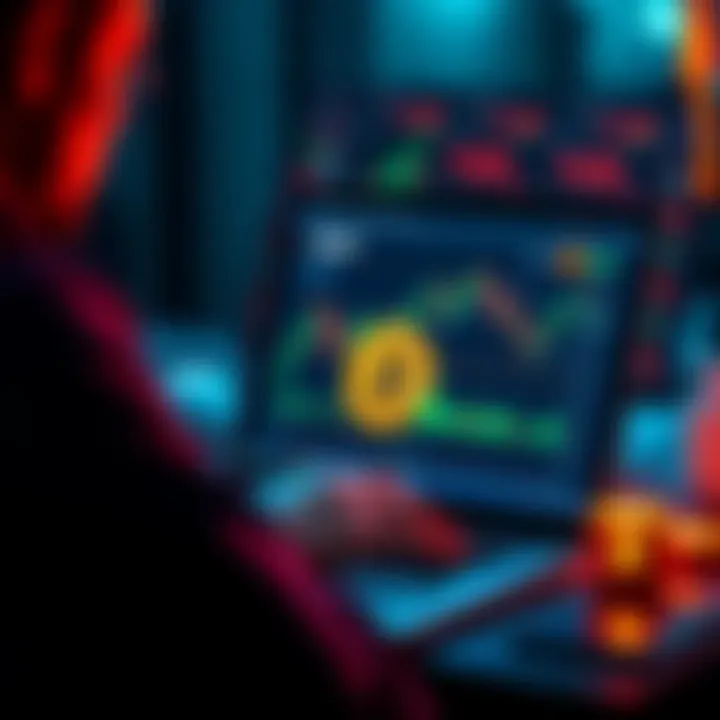 A person using a laptop to buy Bitcoin on the Kraken platform, with charts and cryptocurrency icons on the screen.