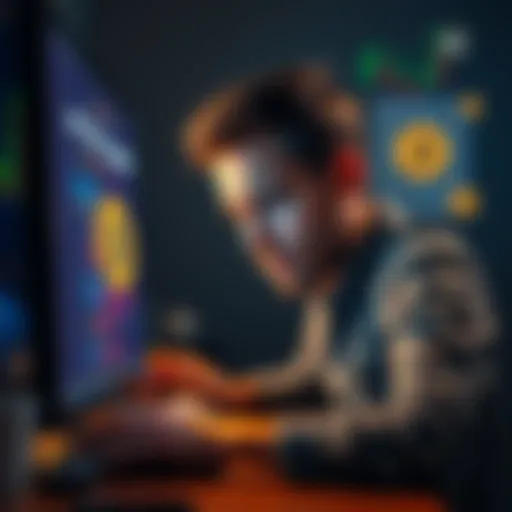 A person looking frustrated while working on a computer with code and Bitcoin symbols on the screen